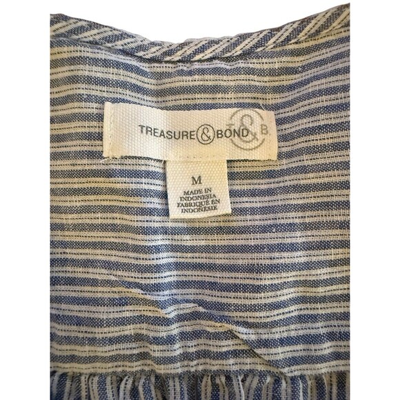 Treasure & Bond Blue White Striped Blouse Medium Split Neck Short Sleeve Top - Picture 3 of 6